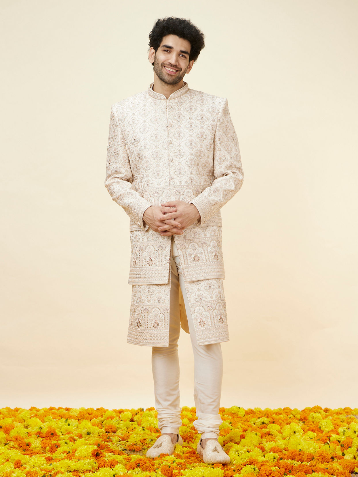 Warm White Floral Trellis Patterned Sherwani Set image number 4